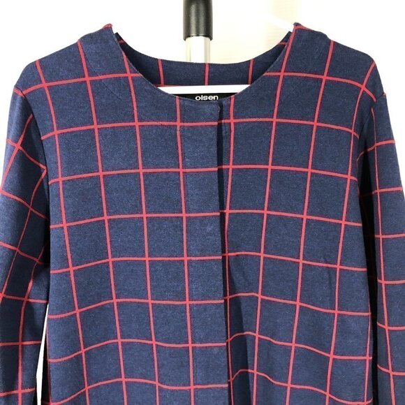 Olsen Navy Blue & Red Simple Plaid Long Cardigan Jacket Sz XL (16) - Picture 4 of 11